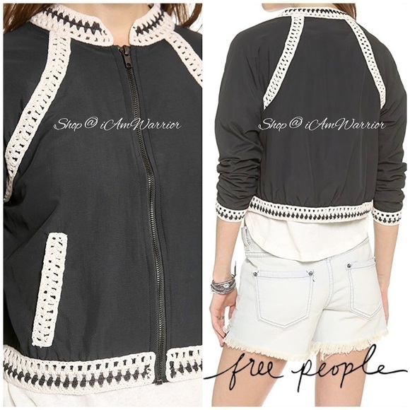 Free People cropped crochet trim zip bomber jacket *shop@iamwarrior - Picture 1 of 15